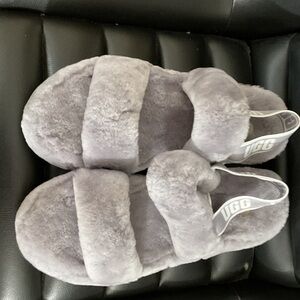 UGG Plush Shearling Double-Band Slides in Light Grey